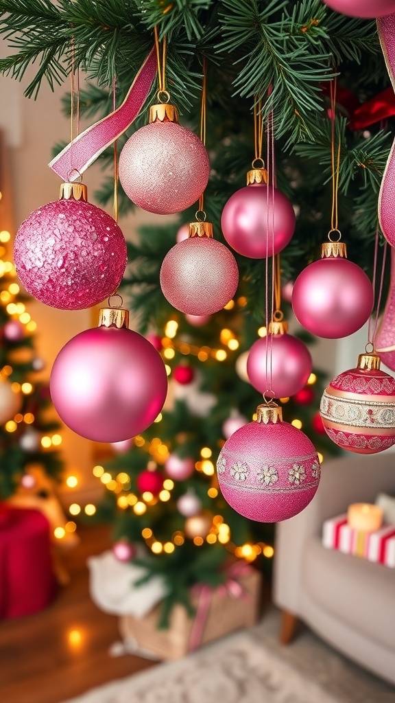A display of pink Christmas ornaments on a tree, showcasing different designs and textures.